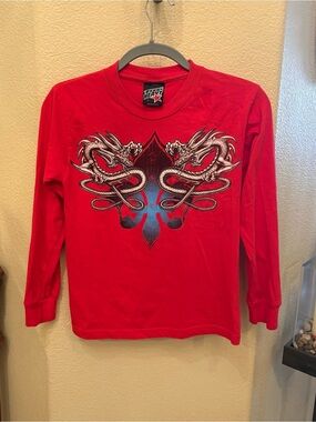 Vintage TOP HEAVY Kids Red Dragon Graphic Long Sleeve Y2K Top Size Small (8/10)